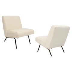 Joseph Andre Motte Pair White Chairs with Iron Legs, France, 1960