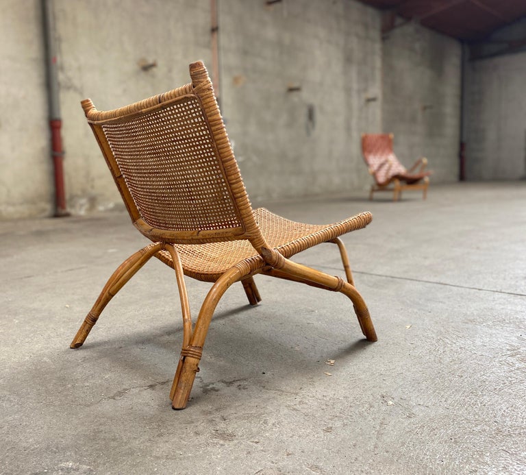 French Joseph André Motte Saber Chairs in Rattan, 1954 For Sale