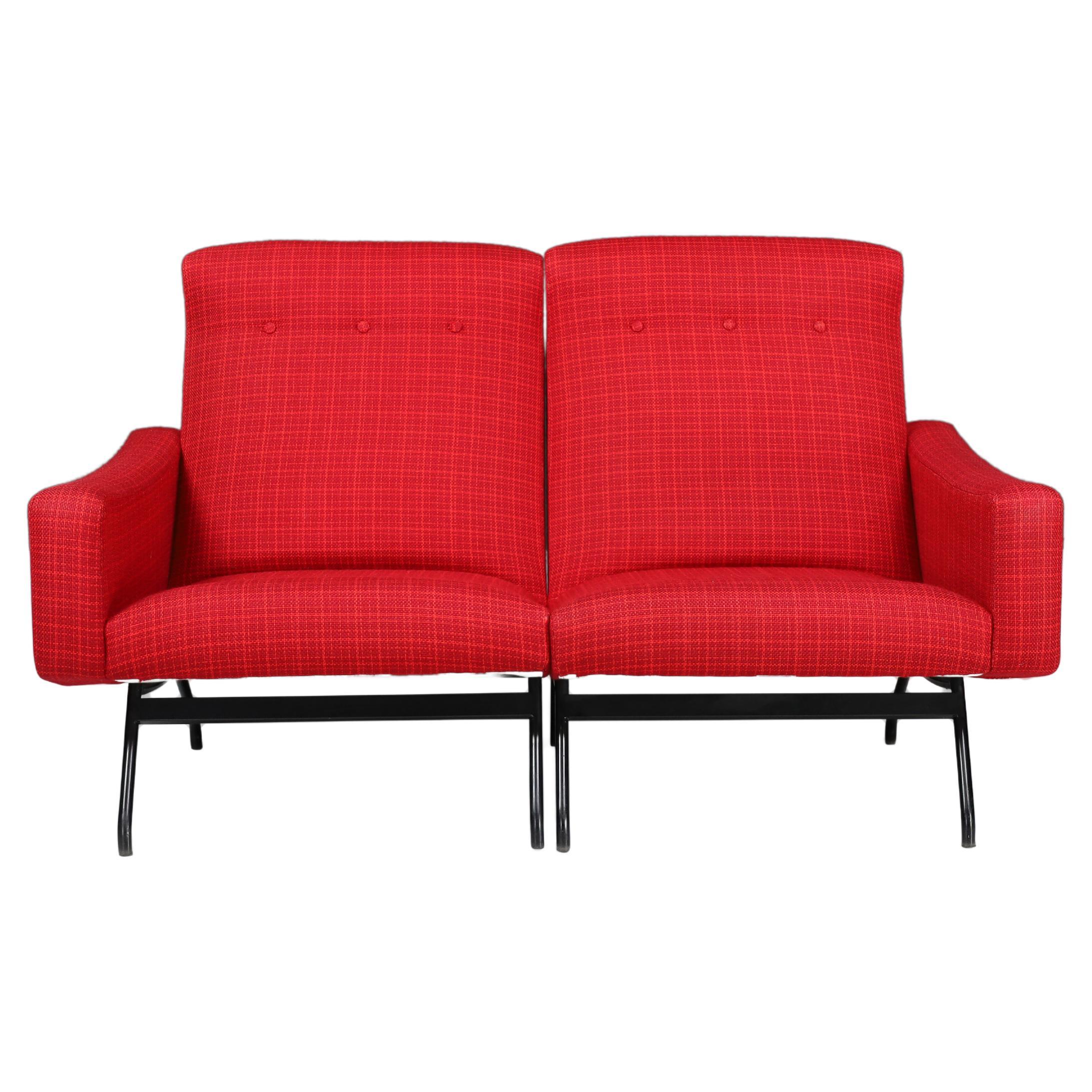 Joseph-andré Motte Sectional Sofa Two Seat Red Original Upholstery France, 1950 For Sale