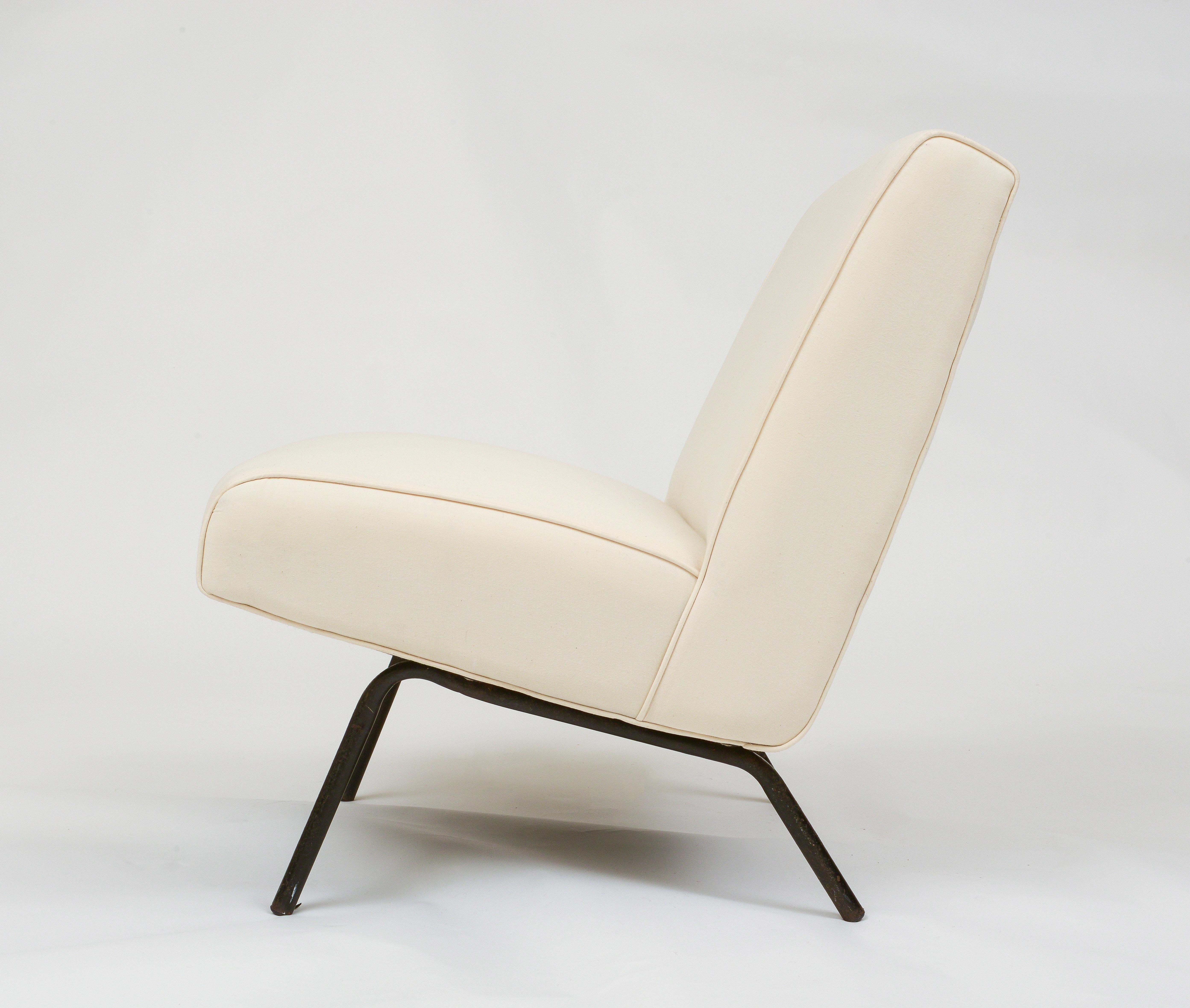 Mid-Century Modern Joseph Andre Motte Single White Chair with Iron Legs, France 1960