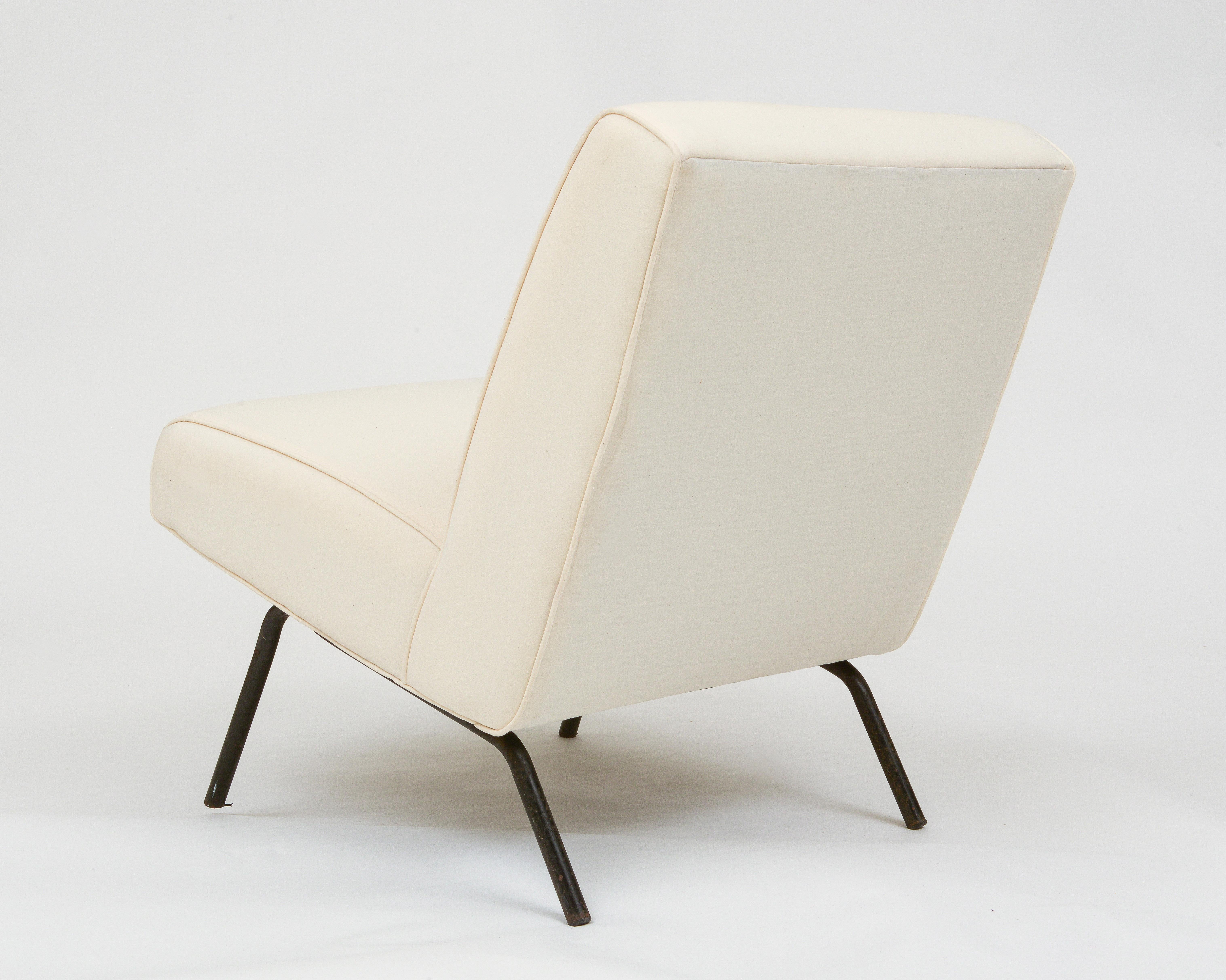 French Joseph Andre Motte Single White Chair with Iron Legs, France 1960