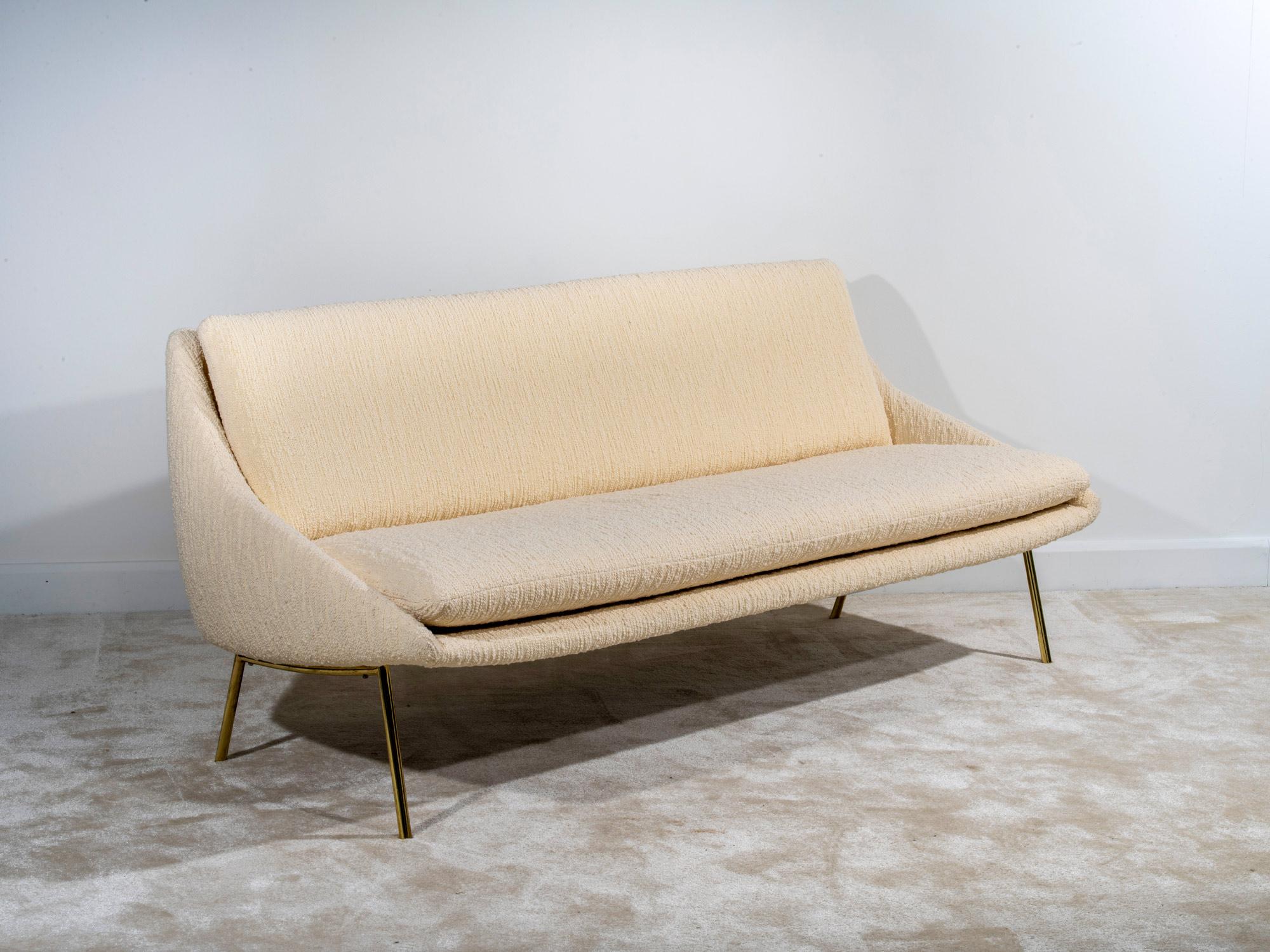 1950s  Sofa  with polished brass feets by Joseph Andre Motte.
Model 800
Produced By Steiner in 1950S , France.
New upholstered Bisson Brunel Fabric.
Perfect condition.
