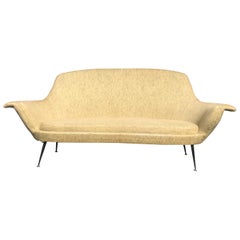 Retro Joseph Andre Motte Style Yellow Fabric Sofa, French, 1950