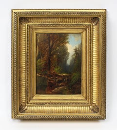 Antique American Hudson River School Forest Interior Waterfall Rare Oil Painting