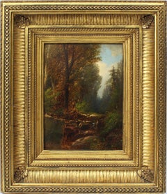 Antique American Hudson River School Forest Interior Waterfall Rare Oil Painting