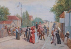 Pintura de una calle francesa firmada por Joseph Aufray Acuarela antigua