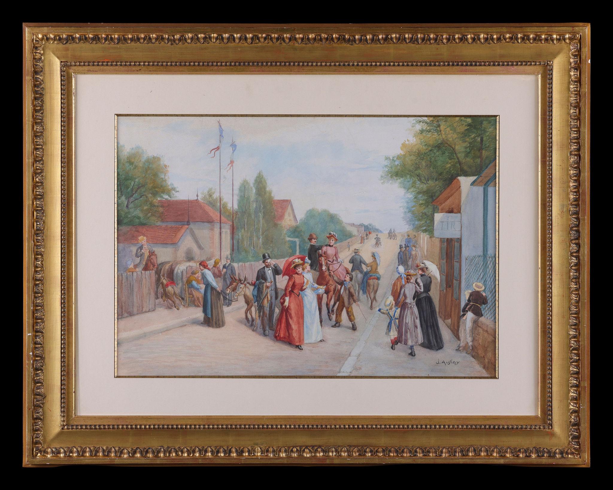 19th Century Signed Antique Watercolor of French Street Scene by Joseph Aufray
