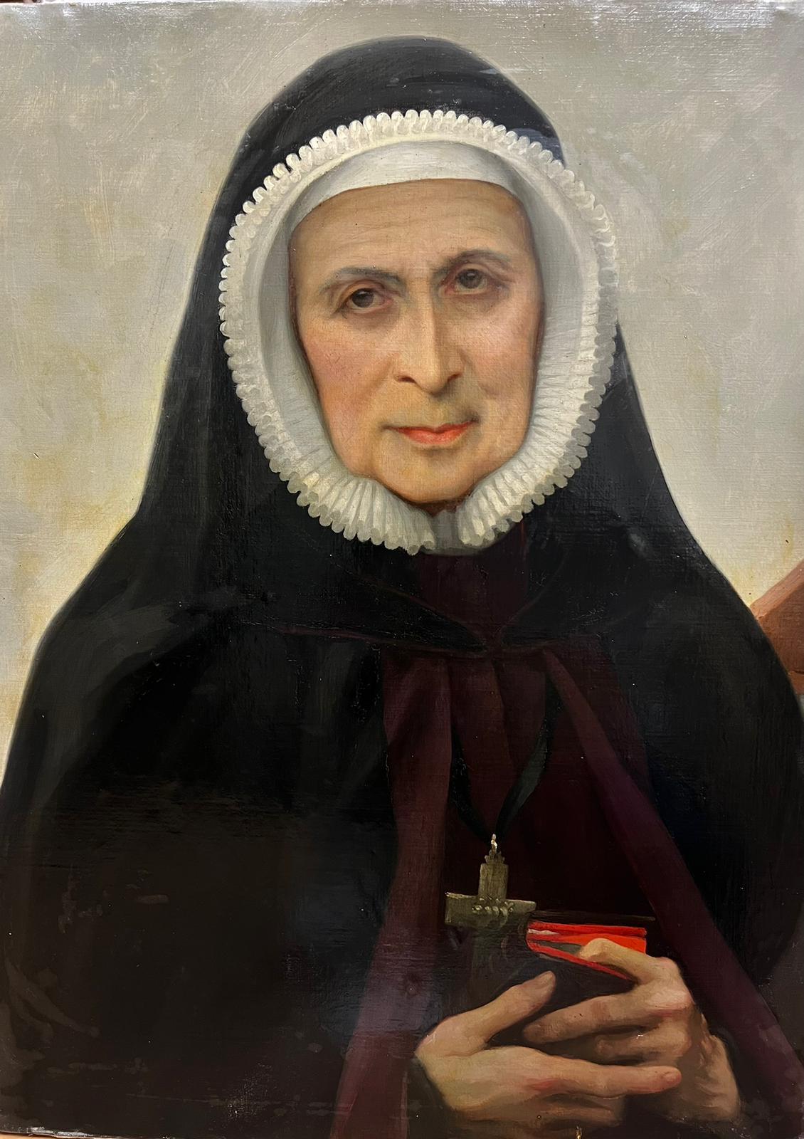 Portrait d'une nonne du 19ème siècle, grande peinture à l'huile, France, 1898 - Painting de Joseph Aubert