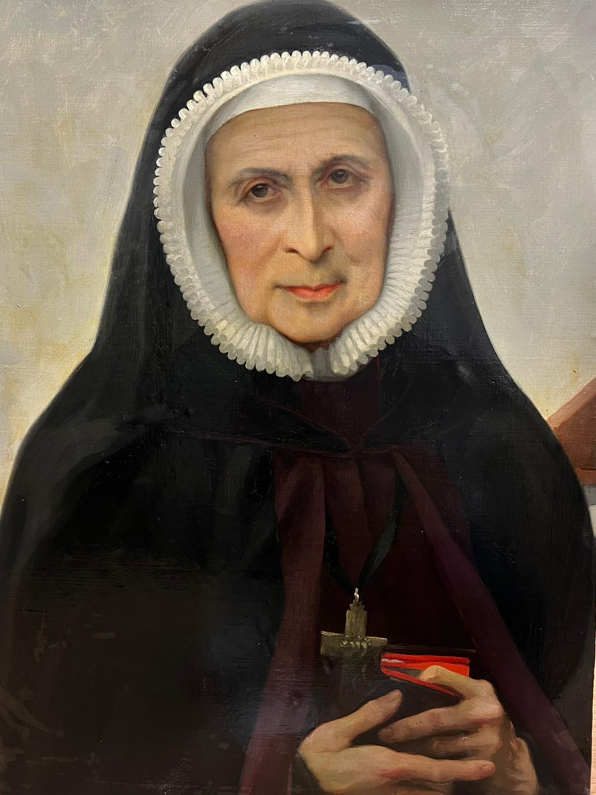 Portrait Painting Joseph Aubert - Portrait d'une nonne du 19ème siècle, grande peinture à l'huile, France, 1898
