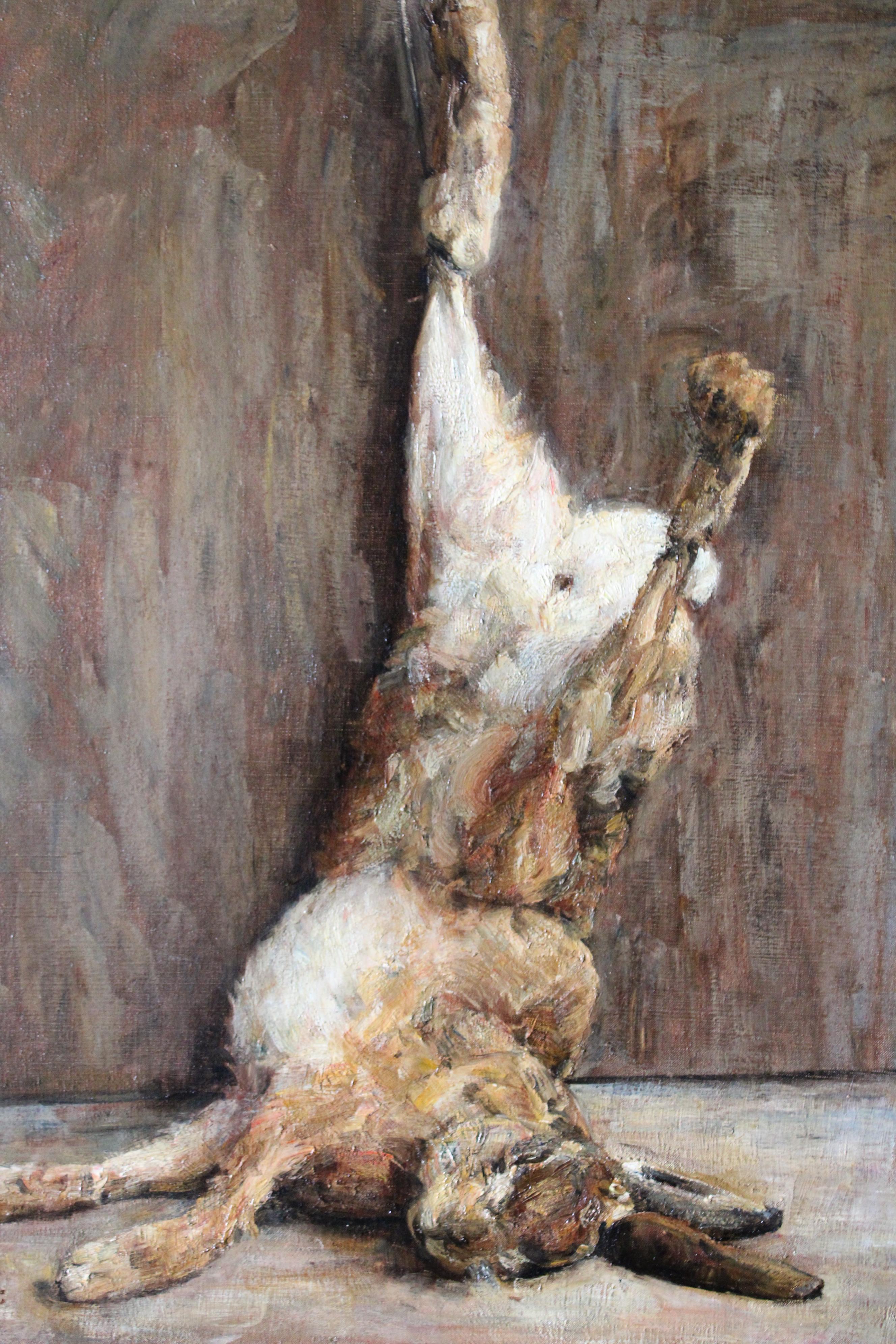 Antiguo bodegón de un conejo impresionista, cuadro de caza, francés - Painting de Joseph Auguste Brunetton