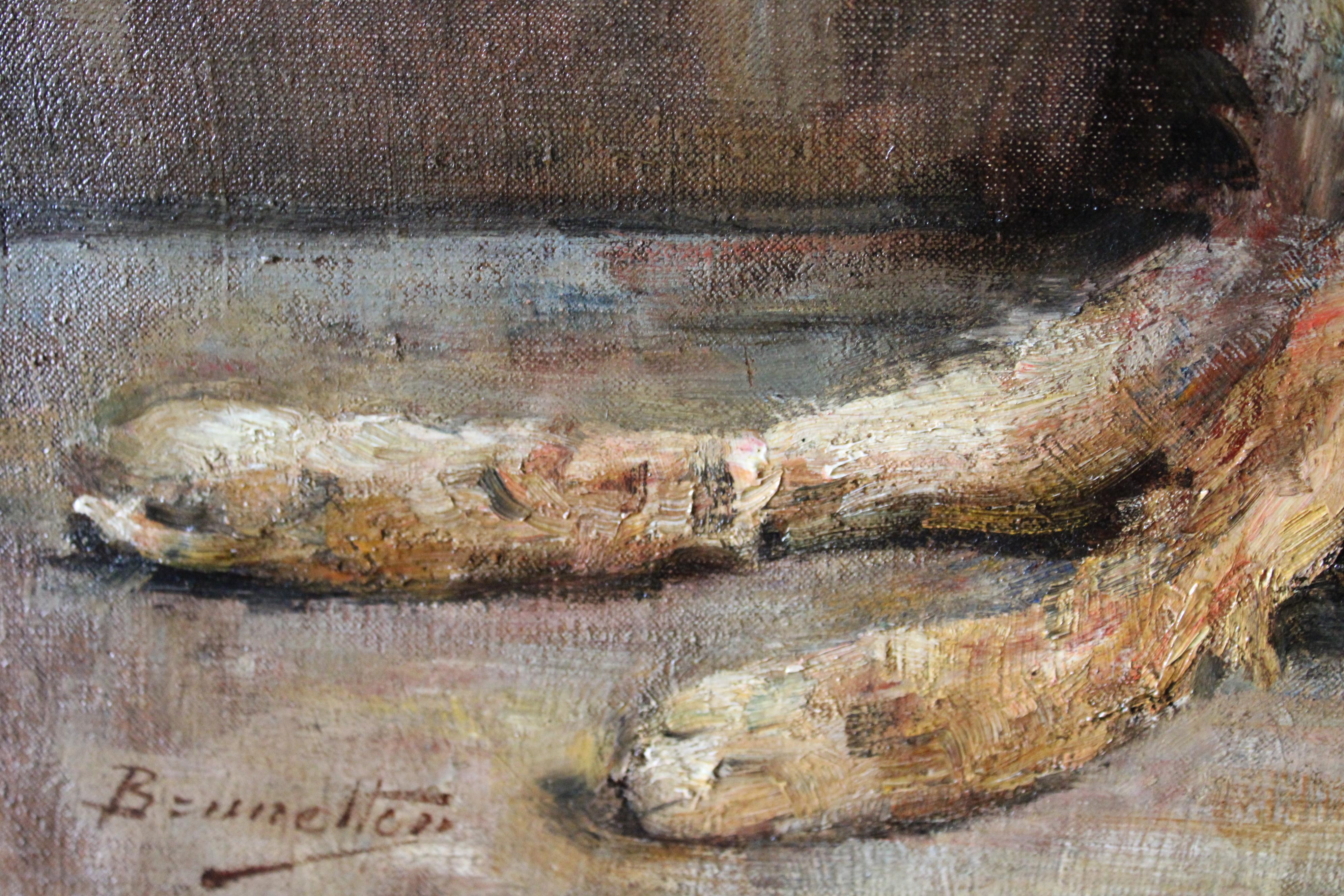 Antiguo bodegón de un conejo impresionista, cuadro de caza, francés - Still-Life Painting Marrón de Joseph Auguste Brunetton