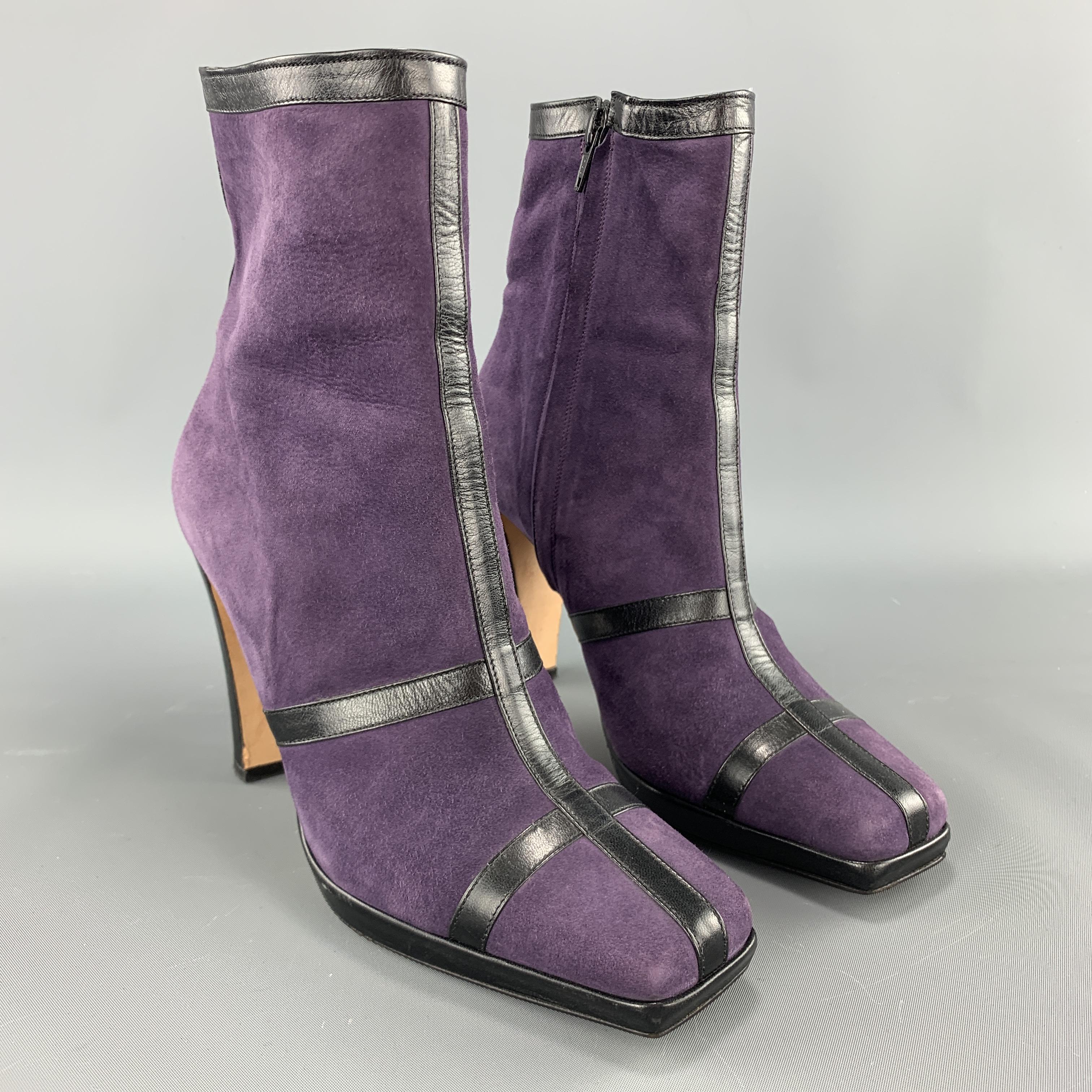 JOSEPG AZAGURY ankle booties come in purple suede with black leather stripe details, chunky covered heel, and pointed square toe. Made in Italy.

Very Good Pre-Owned Condition.
Marked: IT 37

Heel: 4 in.
Length: 5.5 in.