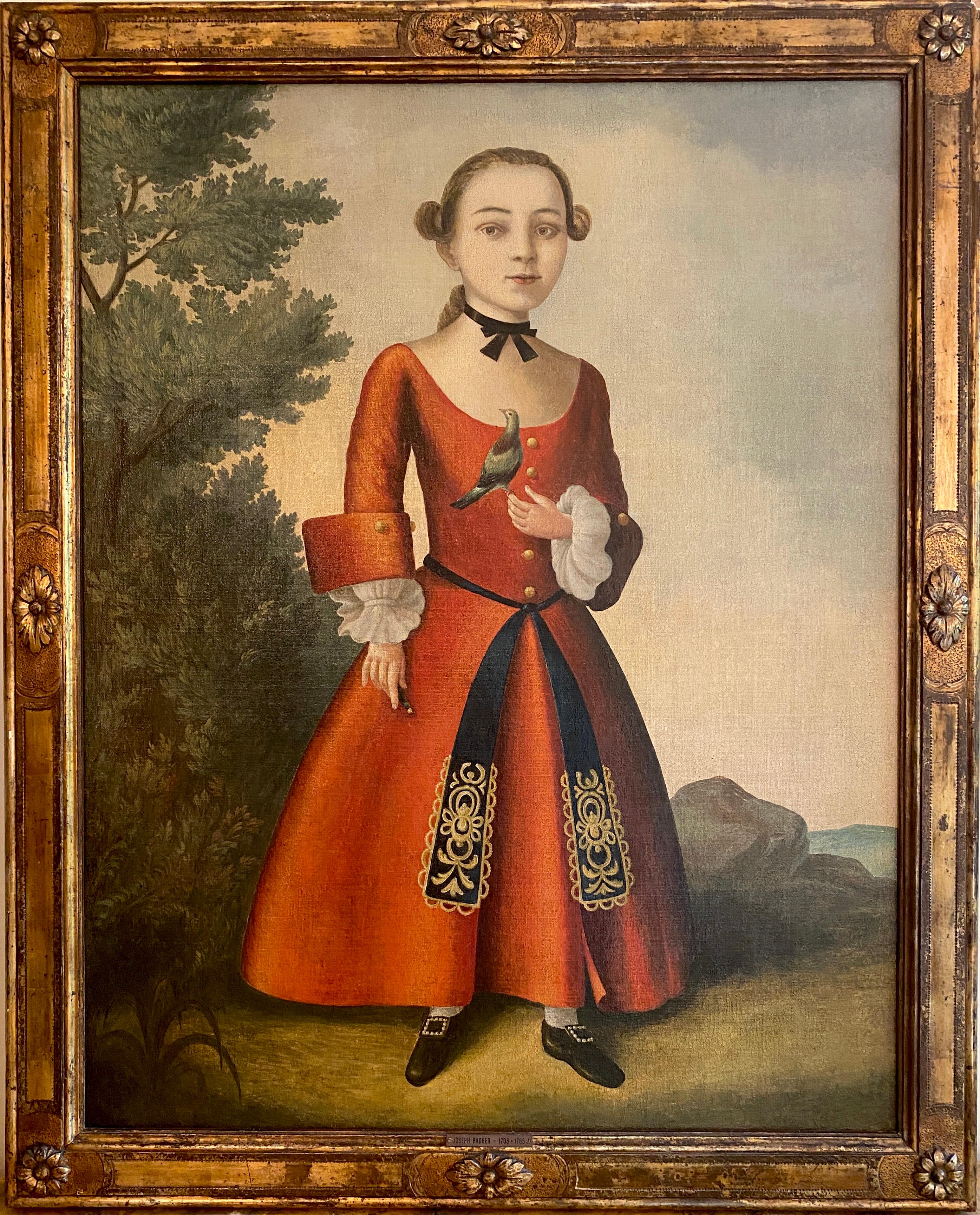 Joseph Badger (ca. 1707-1765) war ein Porträtmaler in Boston, Massachusetts, im 18. Jahrhundert. 
 Dieses erstaunliche Gemälde zeigt einen kleinen Jungen mit einem Vogel. 
Öl auf Leinwand  cm 93 x73
Fein geschnitzter Rahmen aus vergoldetem Holz . cm