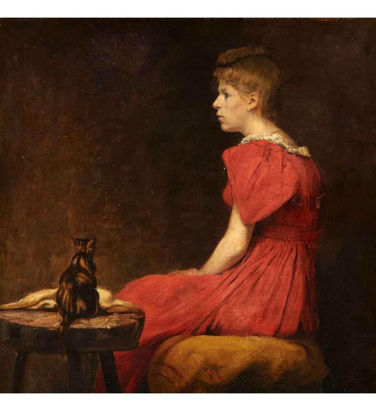 Joseph Bail Portrait Painting – Bail Joseph (1862-1921) + Öl auf Leinwand "Frau mit Katze"