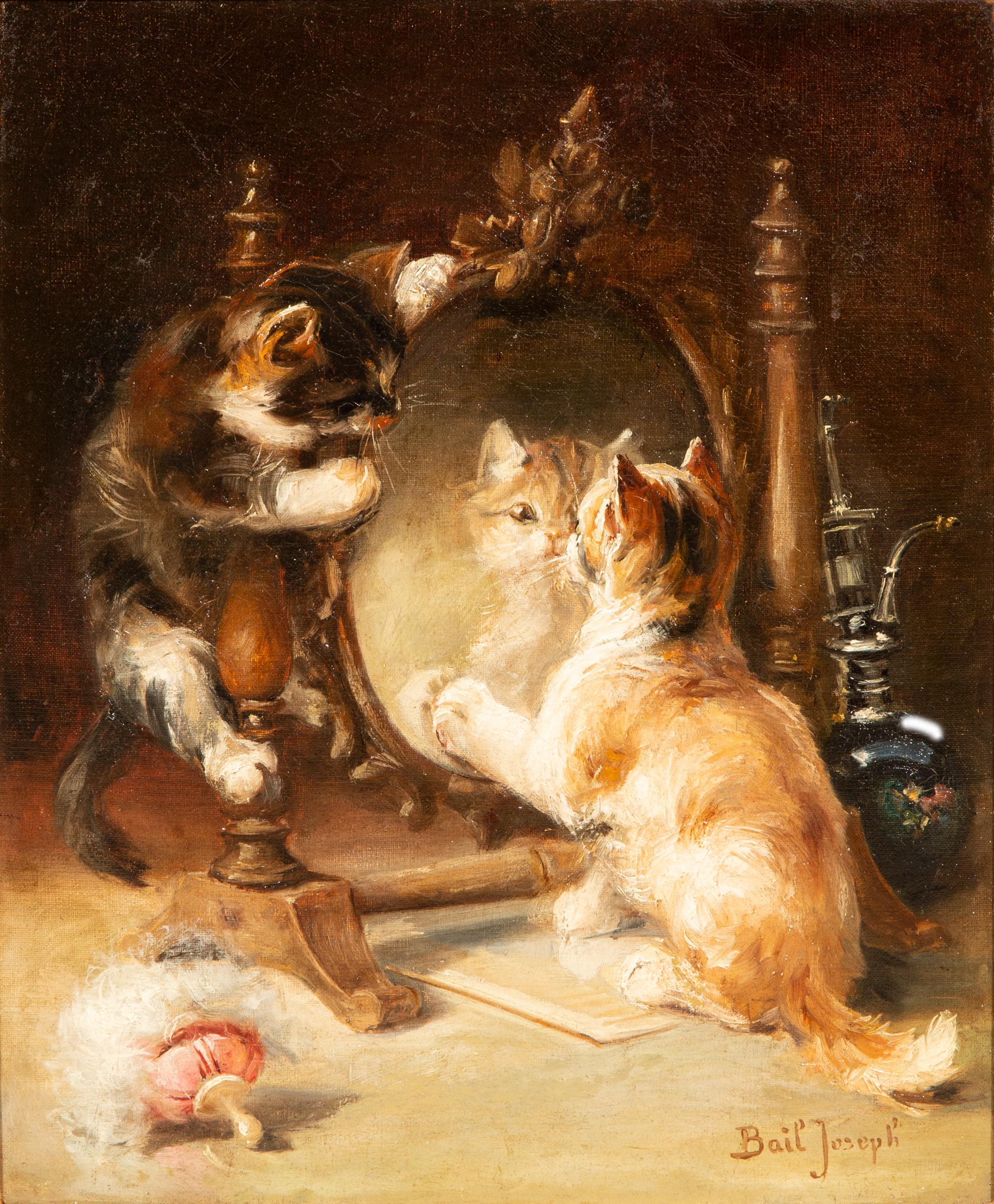 ‘Cats Playing around a Mirror’ by Joseph Bail (1862 – 1921), French Painter For Sale 1