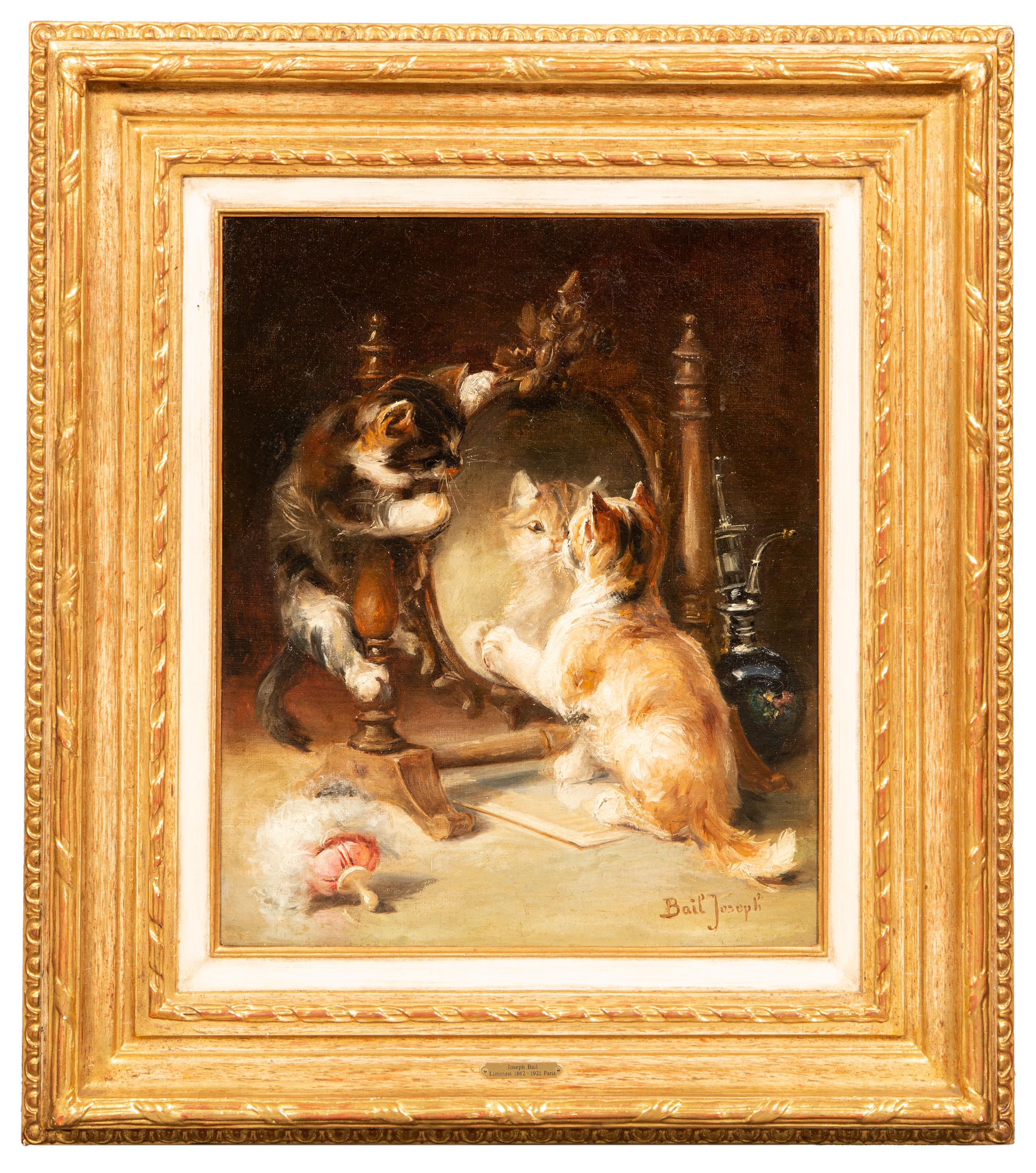 Joseph Bail
Limonest 1862 – 1921 Paris
French Painter

‘Cats Playing around a Mirror’

Signature: signed lower right ‘Bail Joseph’ 
Medium: oil on canvas 
Dimensions: image size 45,5 x 37,5 cm, frame size 69 x 61 cm 

Provenance: from a private Duch