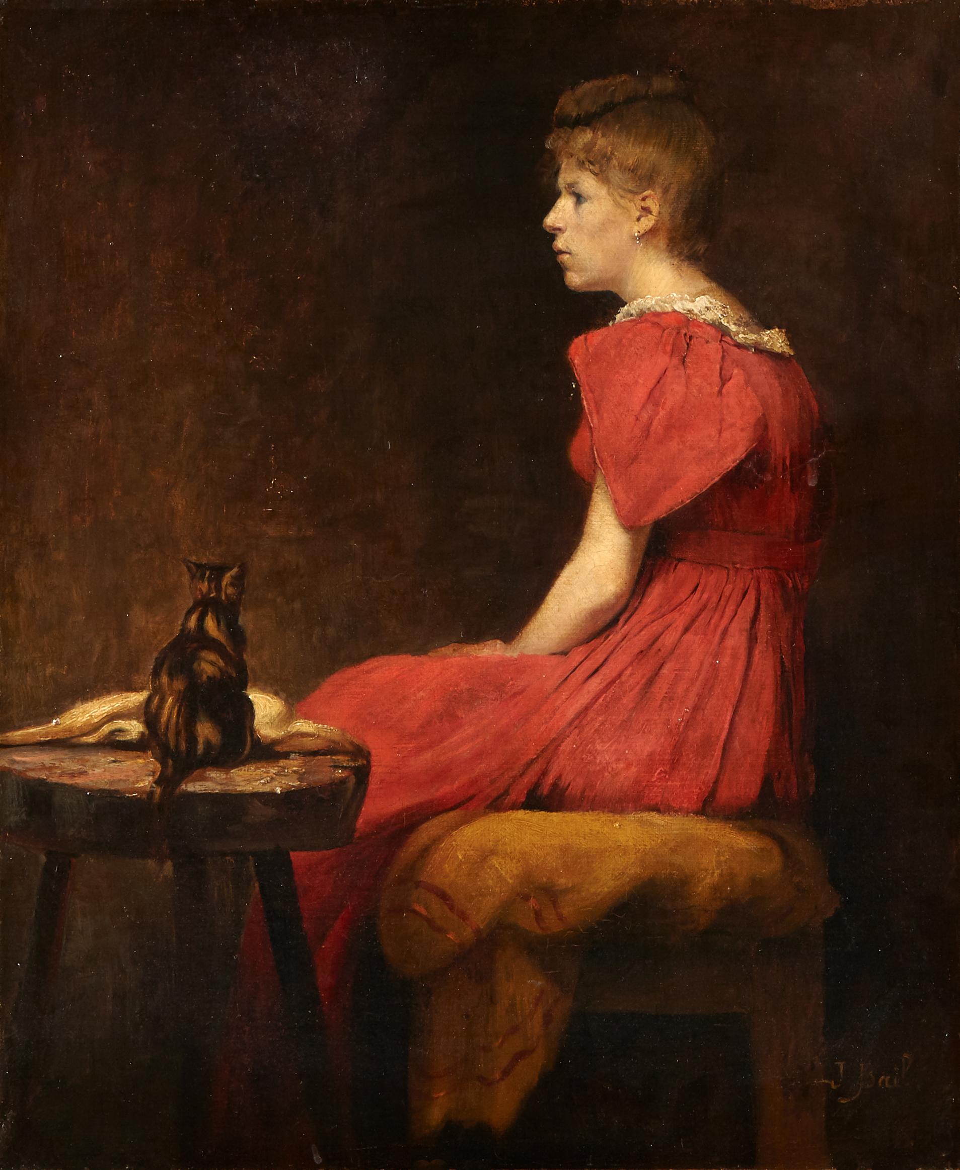 Lady in a red dress with a kitten - Painting by Joseph Bail