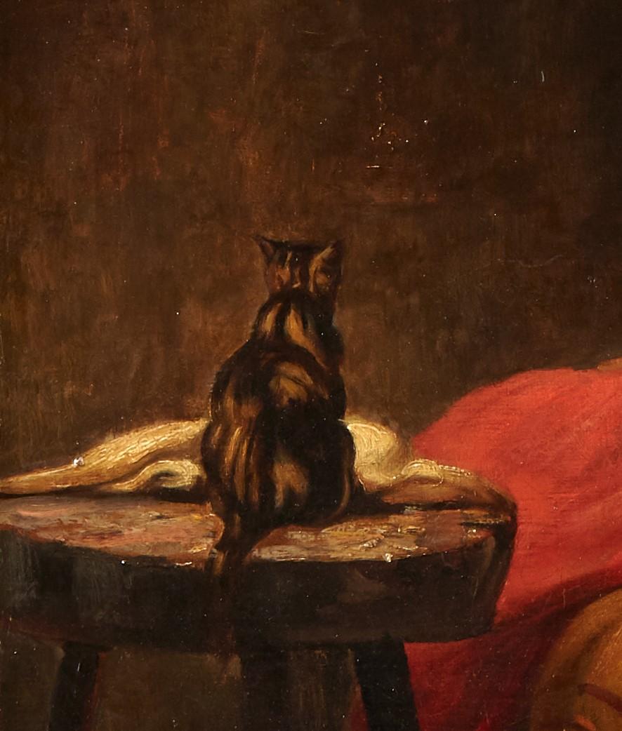 Lady in a red dress with a kitten - Robe - École française Painting par Joseph Bail