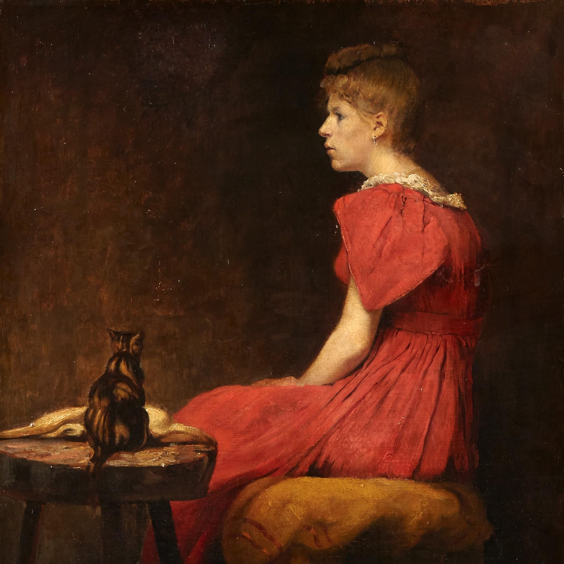 Figurative Painting Joseph Bail - Lady in a red dress with a kitten - Robe