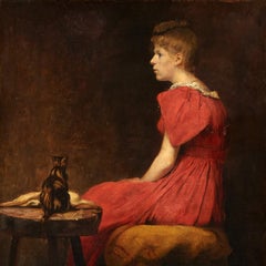 Lady in a red dress with a kitten