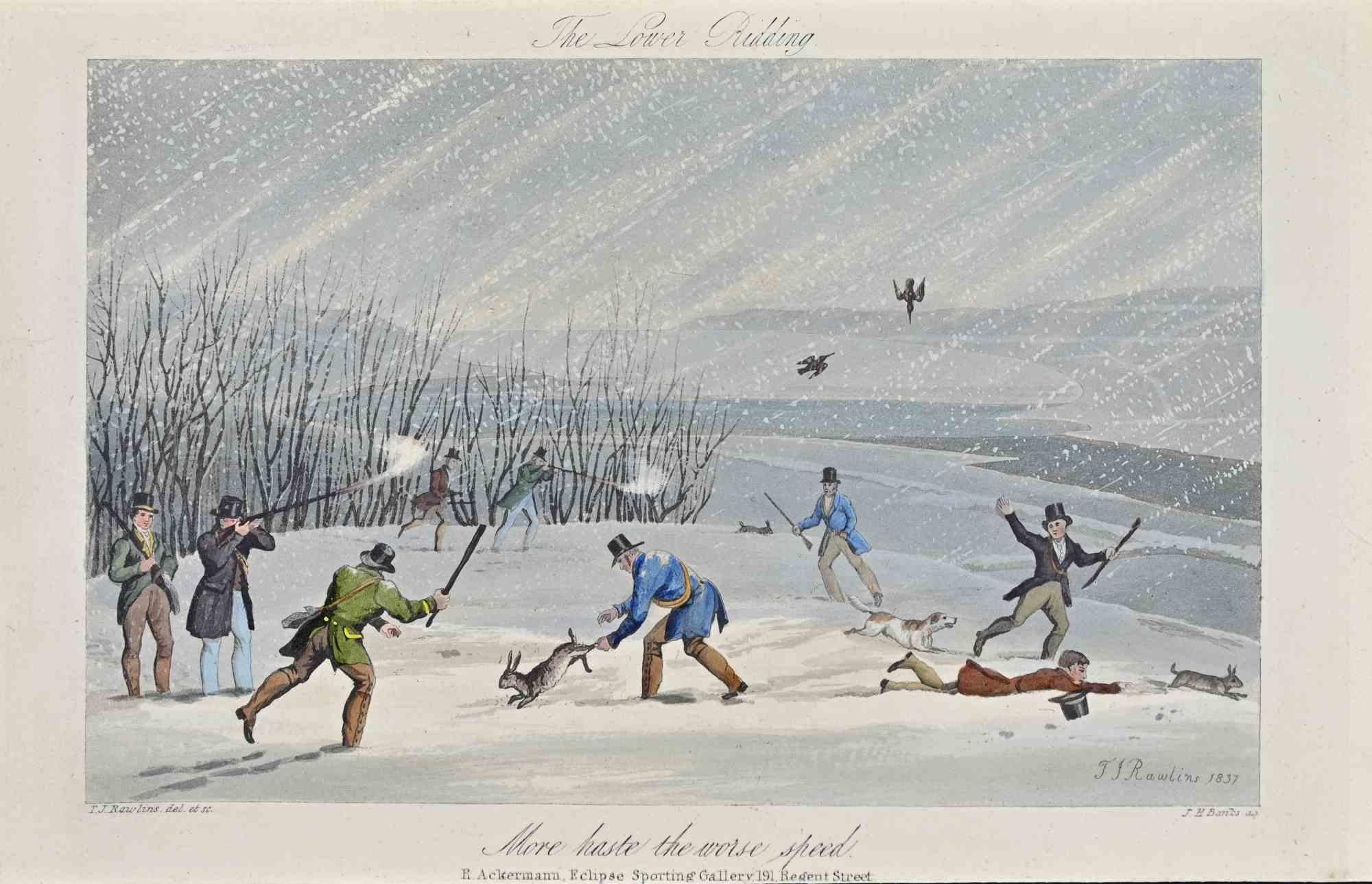 The Lower Ridding is an artwork, realized by the artist Joseph Banks in 1837.

Colore etching, titled and signed in the plate.

Beautiful engraving with contemporary colouring. Edition by  Rudolph Ackermann , Eclipse Sporting Gallery, London.

Good