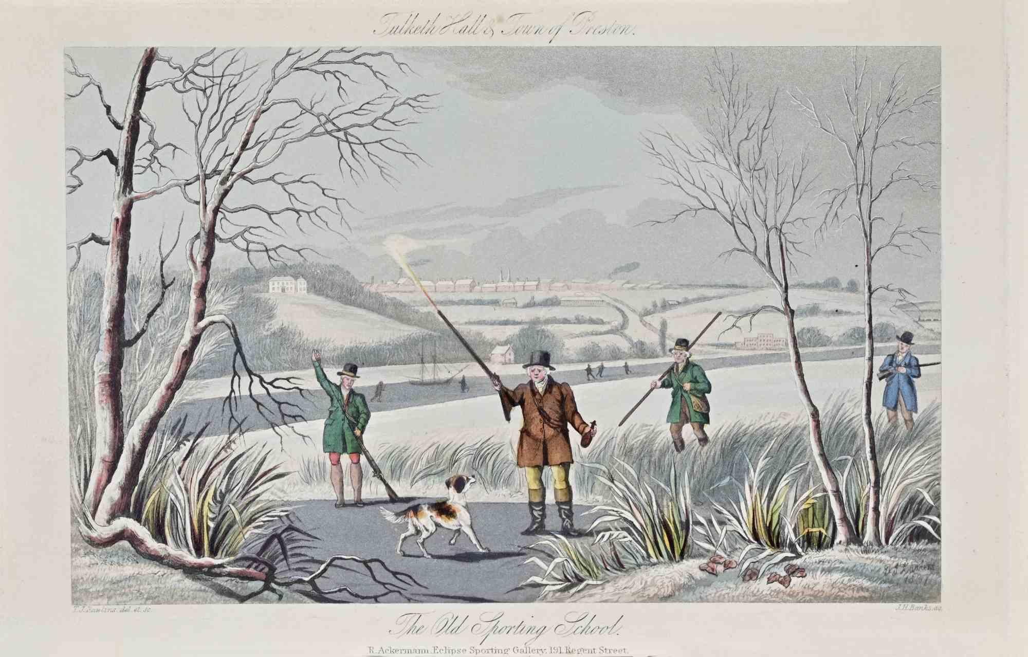 The Old Sporting School is an artwork, realized by the artist Joseph Banks in 1837.

Etching colored. Titled and signed on plate .

Beautiful engraving with contemporary colouring. Edition by  Rudolph Ackermann , Eclipse Sporting Gallery,