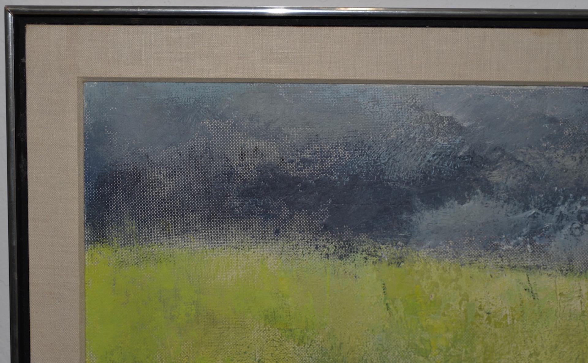 Large scale mid-century modern painting by listed American artist Joseph Barber (1915-1998)

The painting shows the beautiful stark landscape of an open wheat field under gray skies.

Original oil on masonite. Dimensions 24