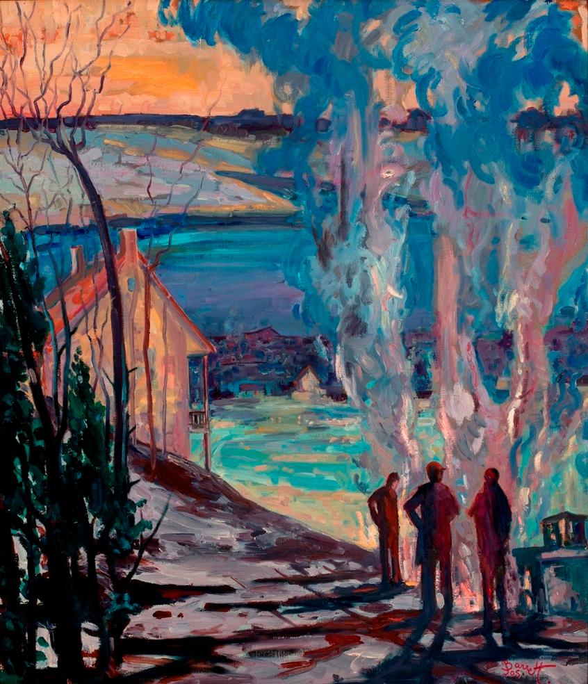 «ove the River » (Au-delà de la rivière) - Impressionnisme américain Painting par Joseph Barrett