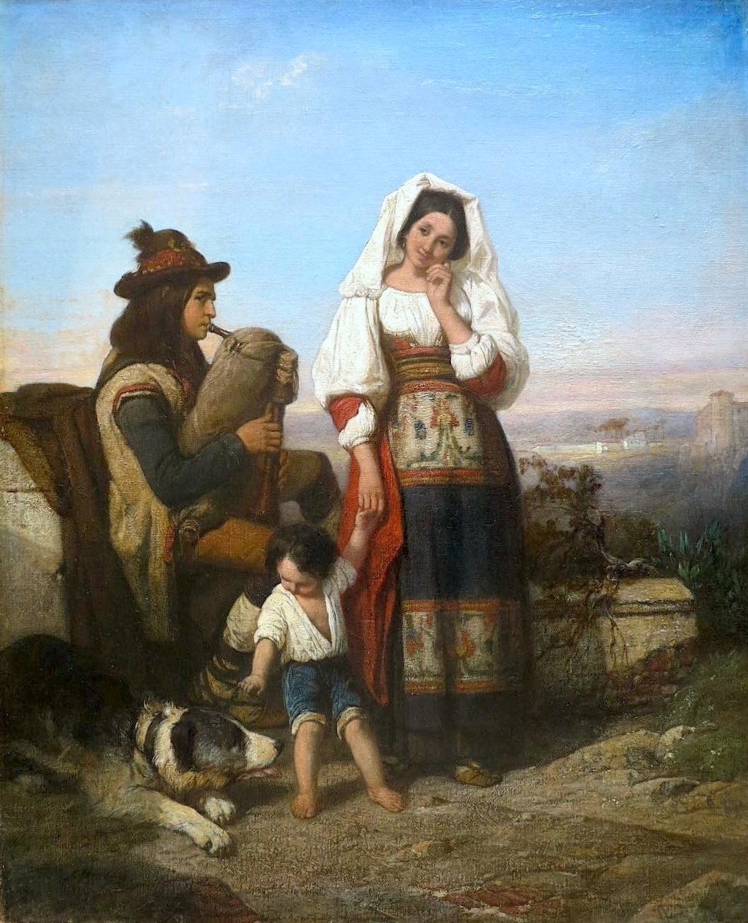 Souvenir from Italy: Pifferaro playing the zampogna with the family - Painting by Joseph BEAUME