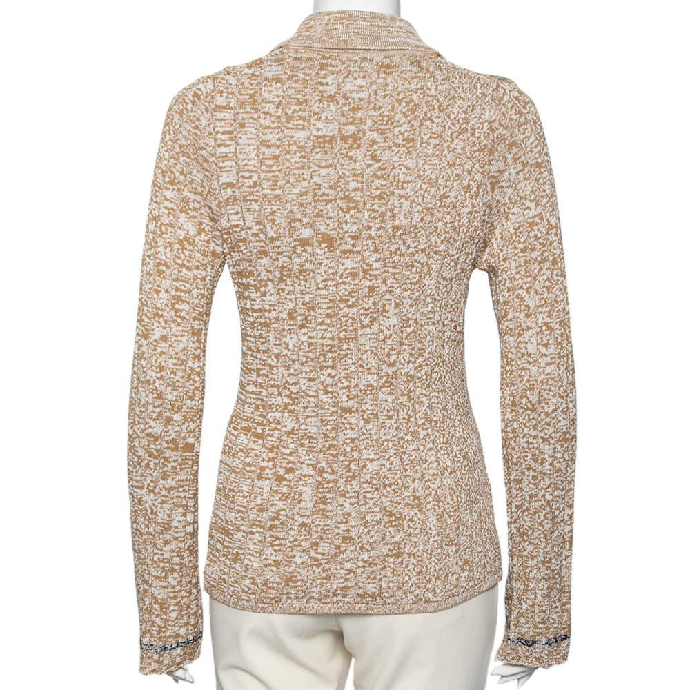 Joseph Beige Patterned Ribbed Knit Long Sleeve Polo Sweater L In Excellent Condition For Sale In Dubai, Al Qouz 2