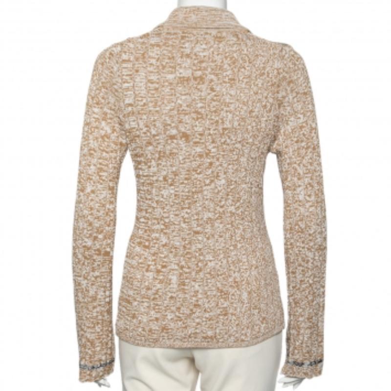 Joseph Beige gemusterter gerippter langärmeliger Polopullover aus Strick L im Angebot 2