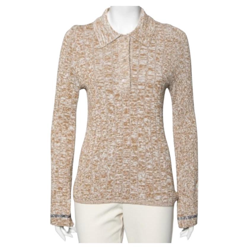 Joseph Beige gemusterter gerippter langärmeliger Polopullover aus Strick L