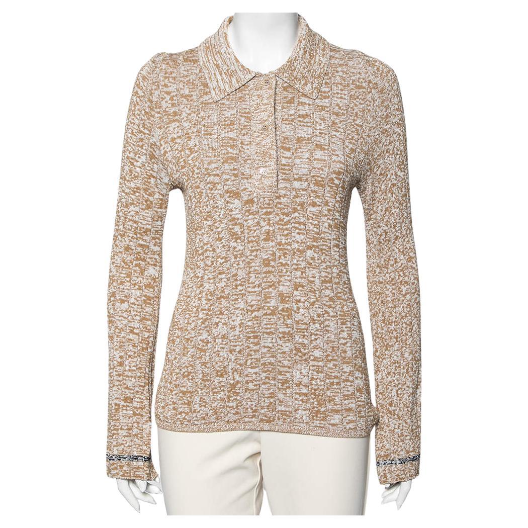 Joseph Beige Patterned Ribbed Knit Long Sleeve Polo Sweater L For Sale