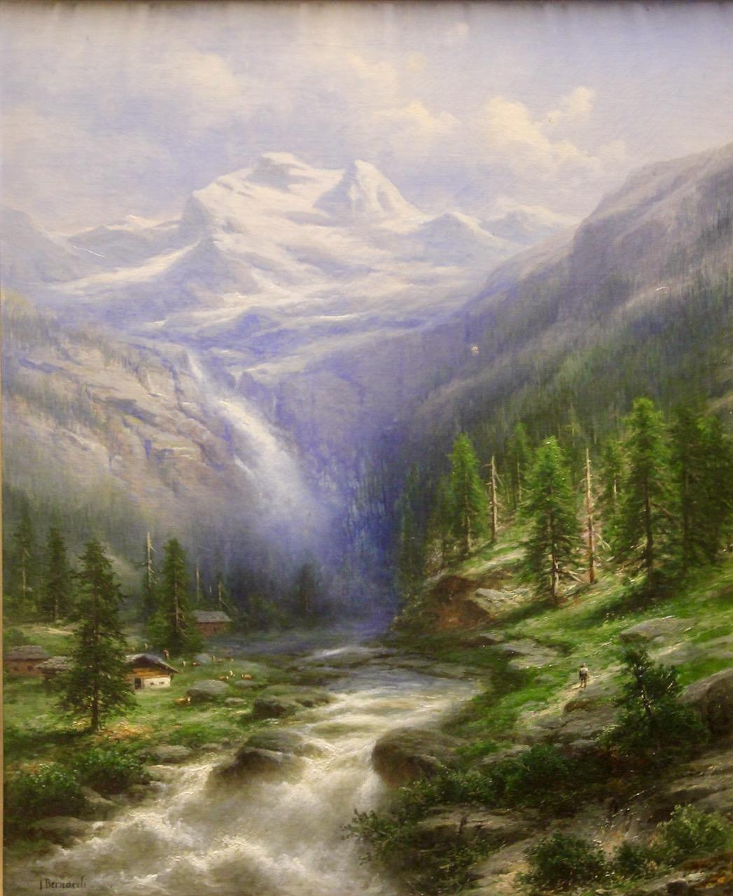 Decorative Oil Painting by:
Joseph Bernardi, 19th Century, Mountain Gorge with Waterfall, probably in Switzerland.

Dimensions without frame: 64.5 cm x 78 cm

Joseph Bernardi (born 1826 in Düsseldorf, died March 9, 1907 there) was a German landscape