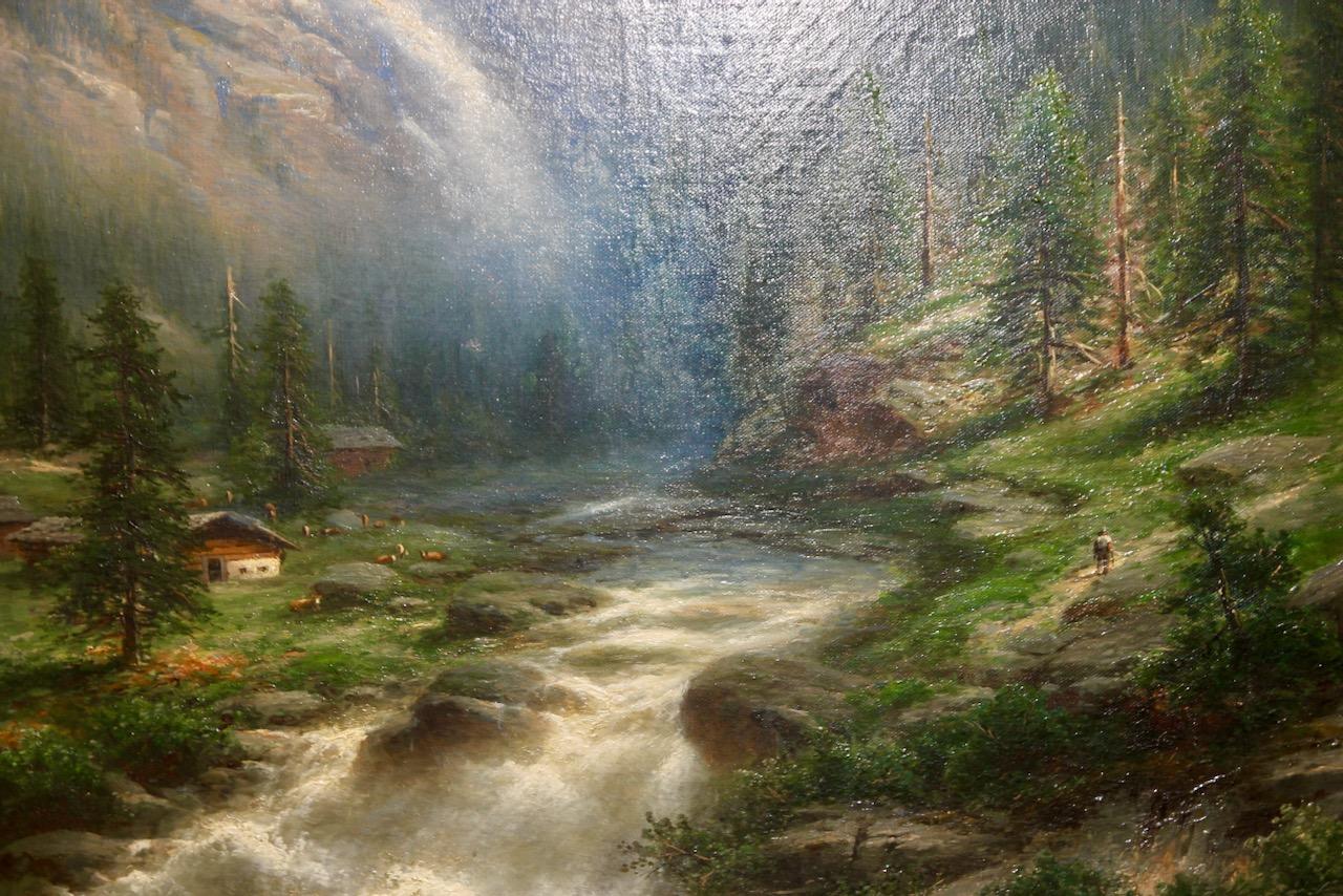 Peinture à l'huile de Joseph Bernardi, 19e siècle, « Mountain Gorge with Waterfall » (une montagne avec une cascade). en vente 1