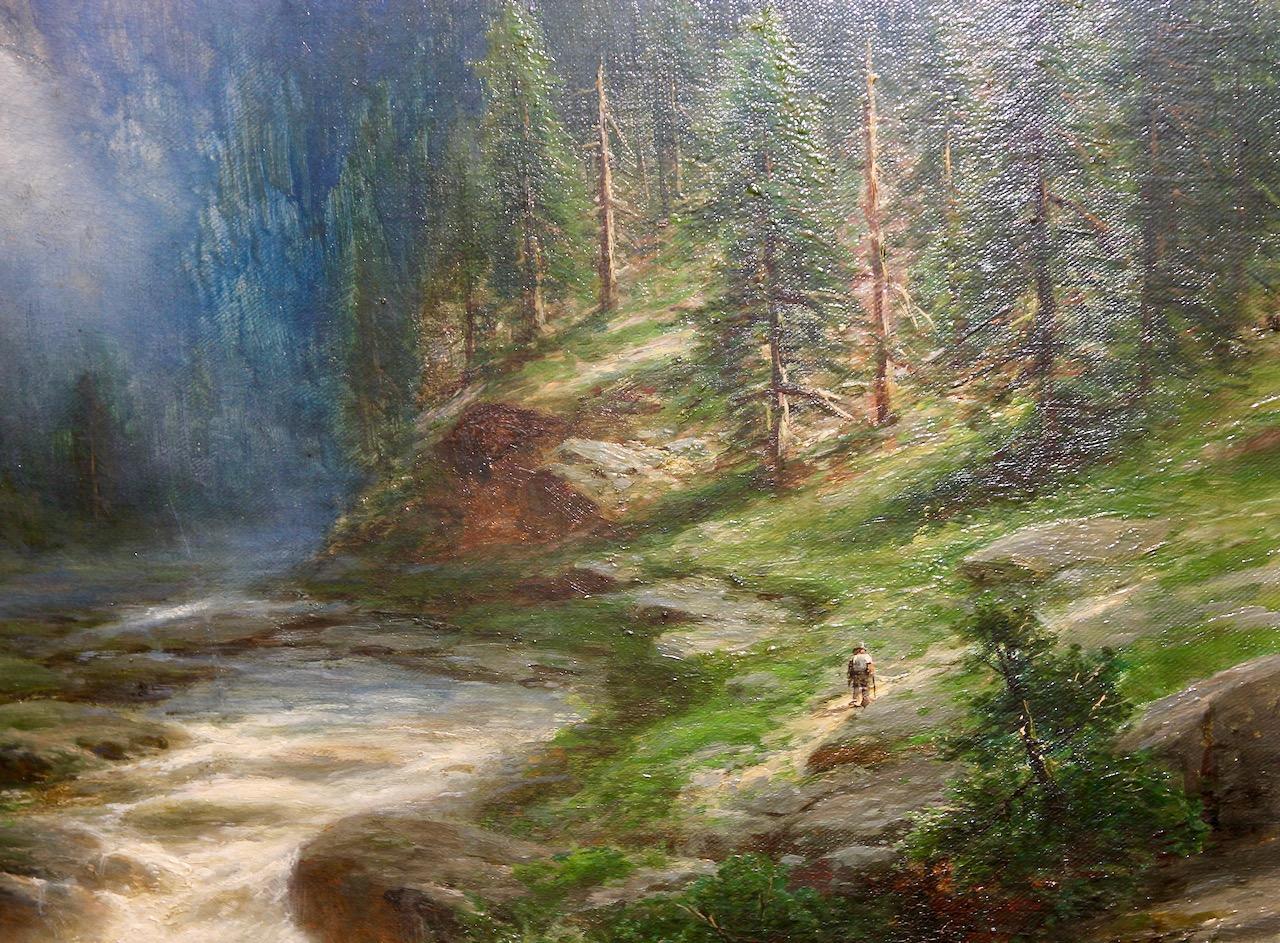 Peinture à l'huile de Joseph Bernardi, 19e siècle, « Mountain Gorge with Waterfall » (une montagne avec une cascade). en vente 3