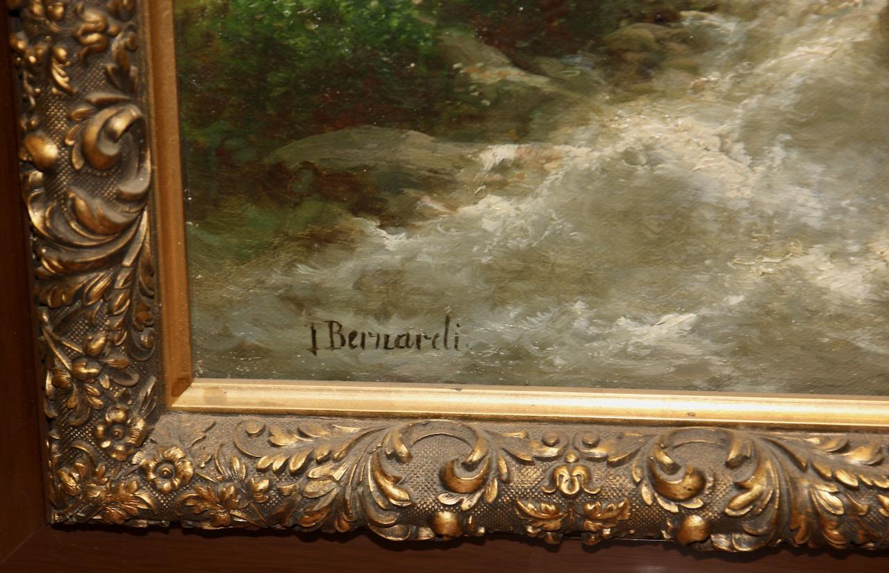 Peinture à l'huile de Joseph Bernardi, 19e siècle, « Mountain Gorge with Waterfall » (une montagne avec une cascade). en vente 4