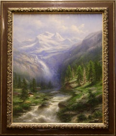 Joseph Bernardi, 19th Century, Oil Painting, "Mountain Gorge with Waterfall"