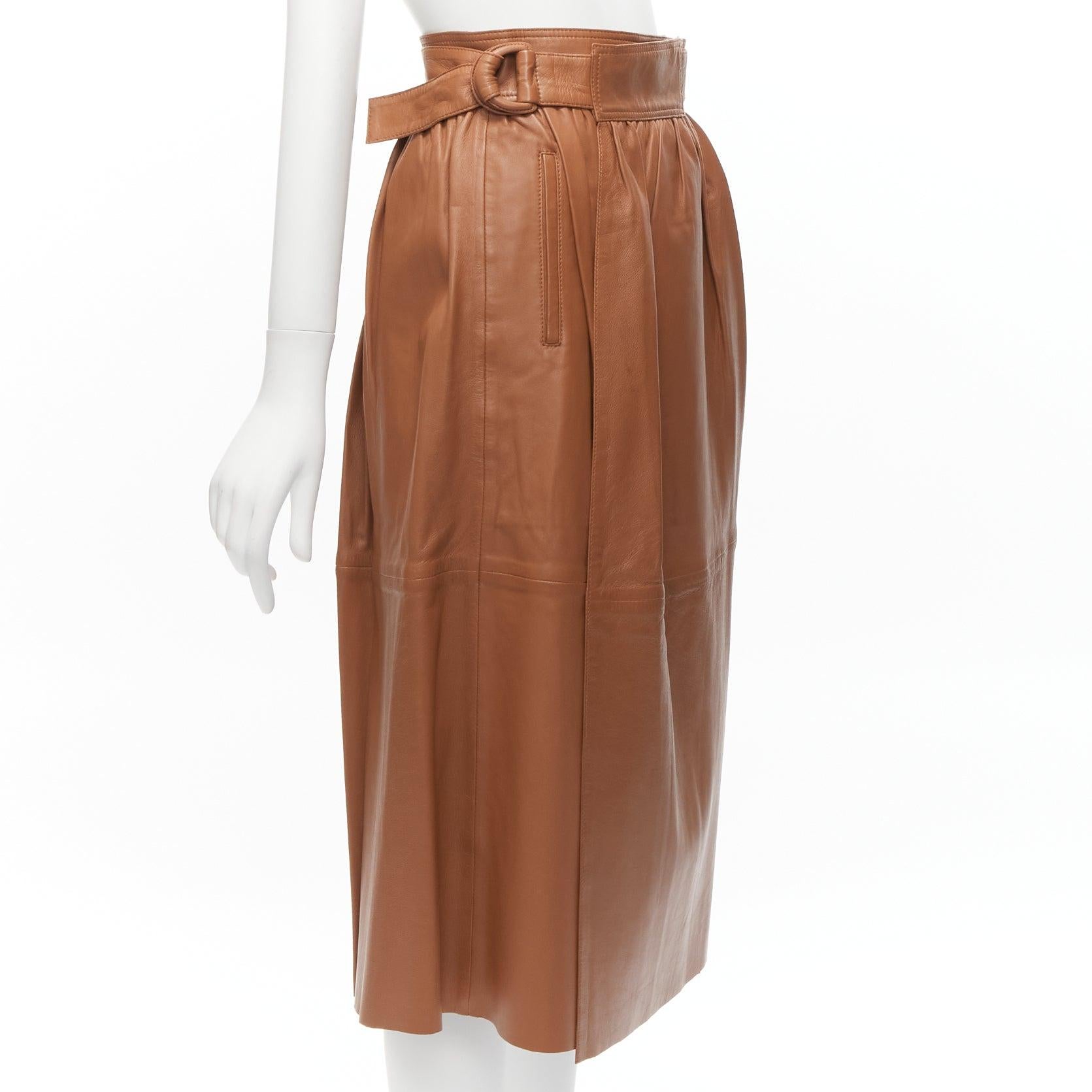 Brown JOSEPH Betty brown lambskin leather belted A-line midi wrap skirt FR34 XS For Sale