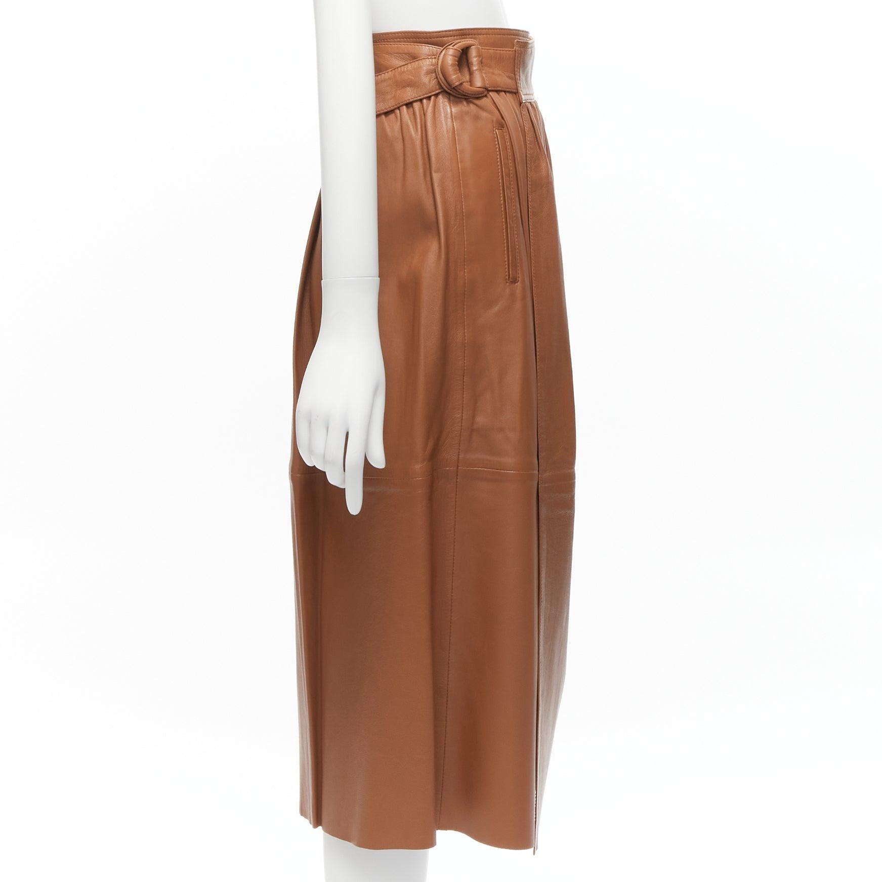 JOSEPH Betty brown lambskin leather belted A-line midi wrap skirt FR34 XS In Good Condition For Sale In Hong Kong, NT