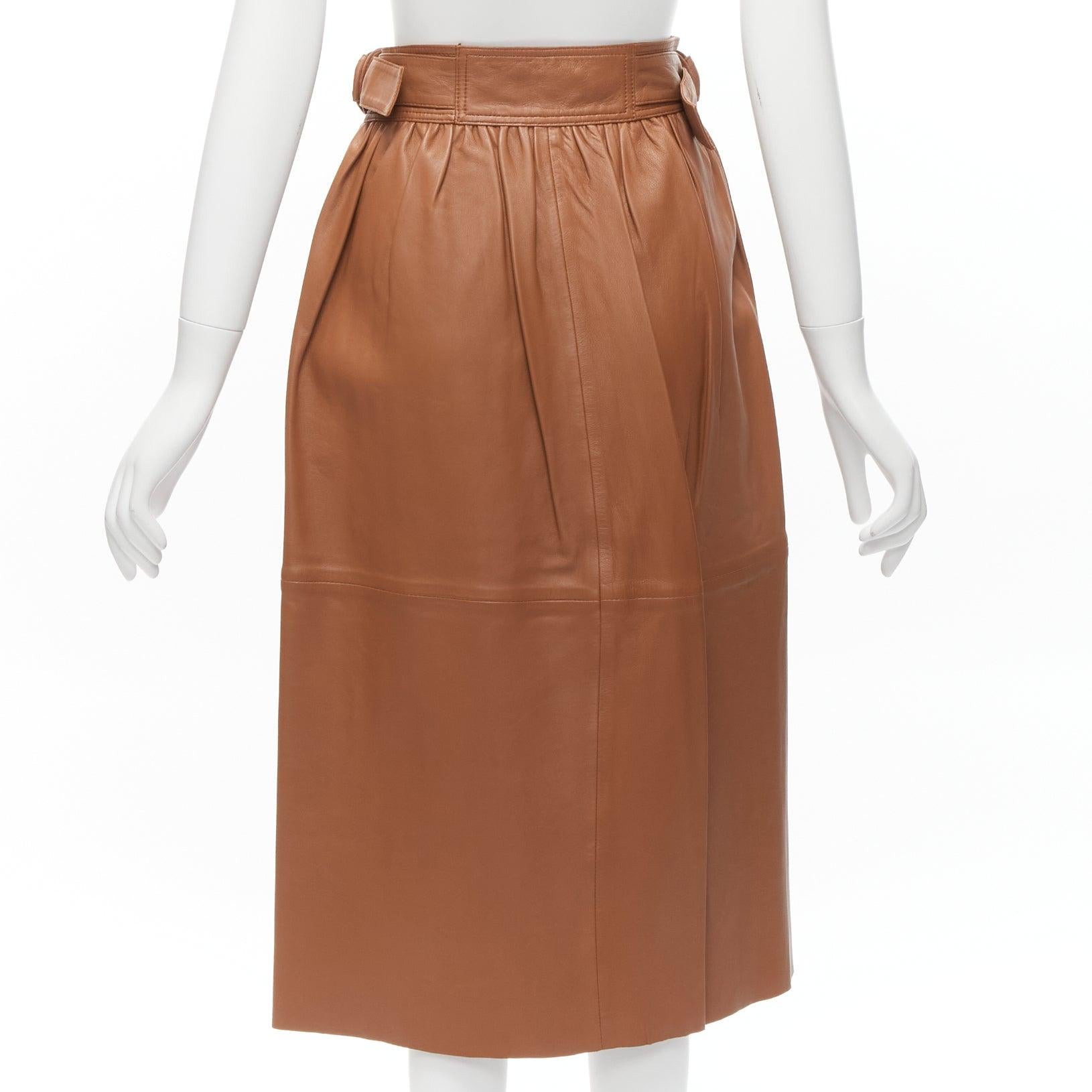 Women's JOSEPH Betty brown lambskin leather belted A-line midi wrap skirt FR34 XS For Sale