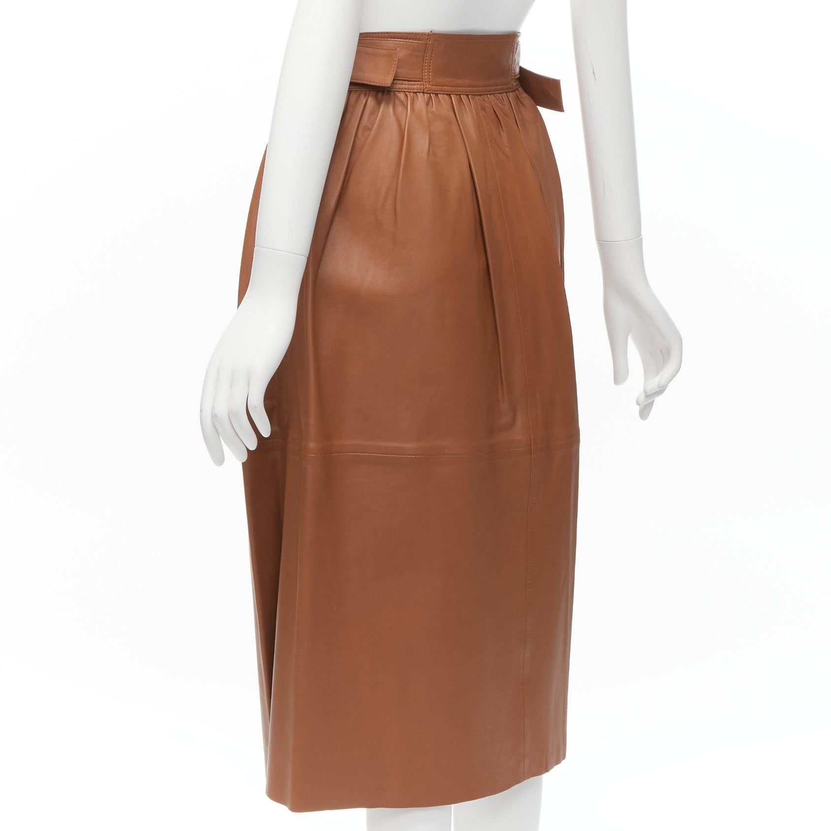 JOSEPH Betty brown lambskin leather belted A-line midi wrap skirt FR34 XS For Sale 1