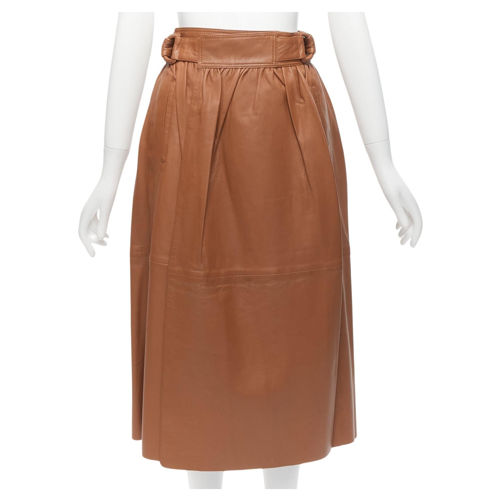 JOSEPH Betty brown lambskin leather belted A-line midi wrap skirt FR34 XS For Sale