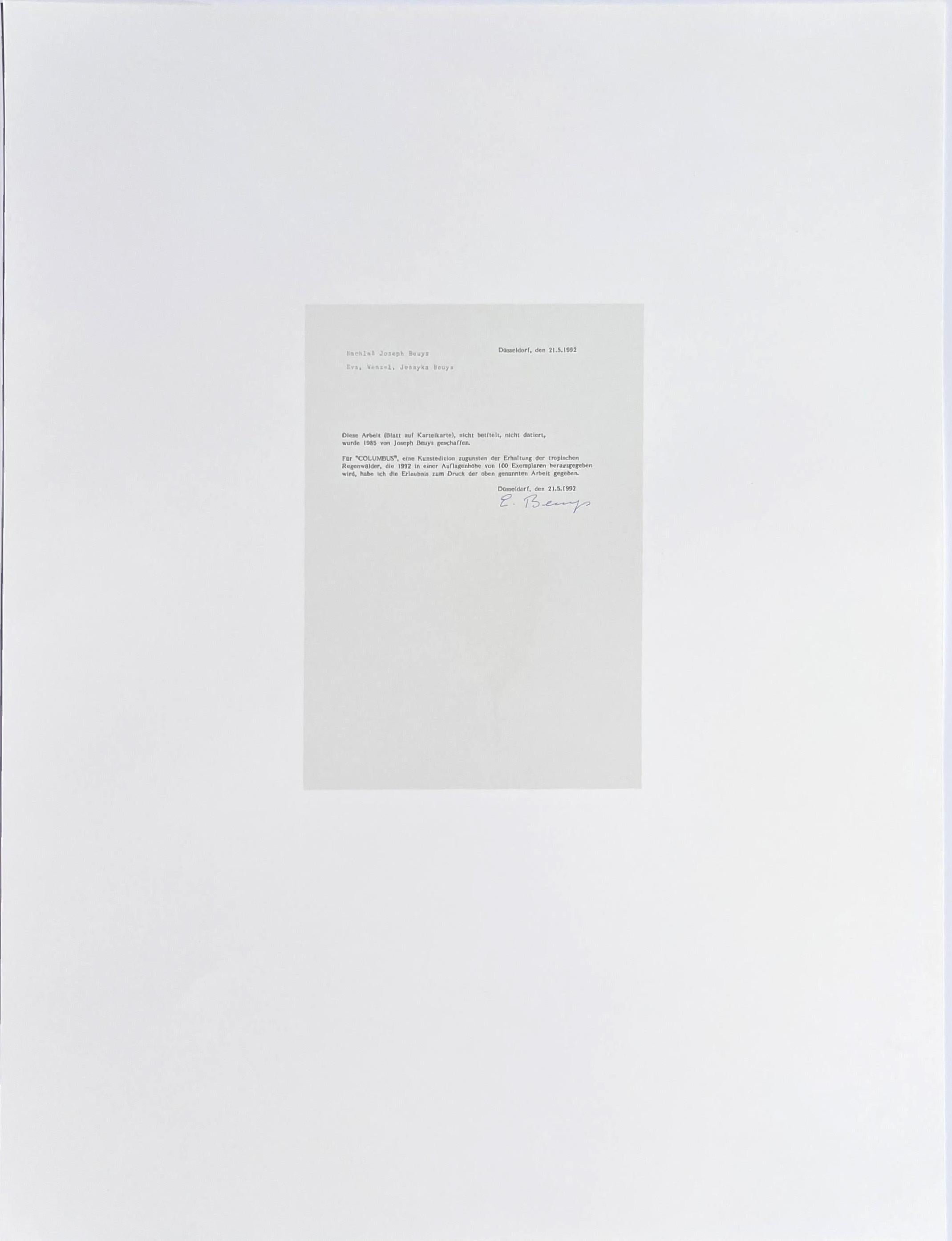 Blatt auf Karteikarte, aus dem Portfolio Columbus: Auf der Suche nach einem neuen Morgen (Konzeptionell), Print, von Joseph Beuys