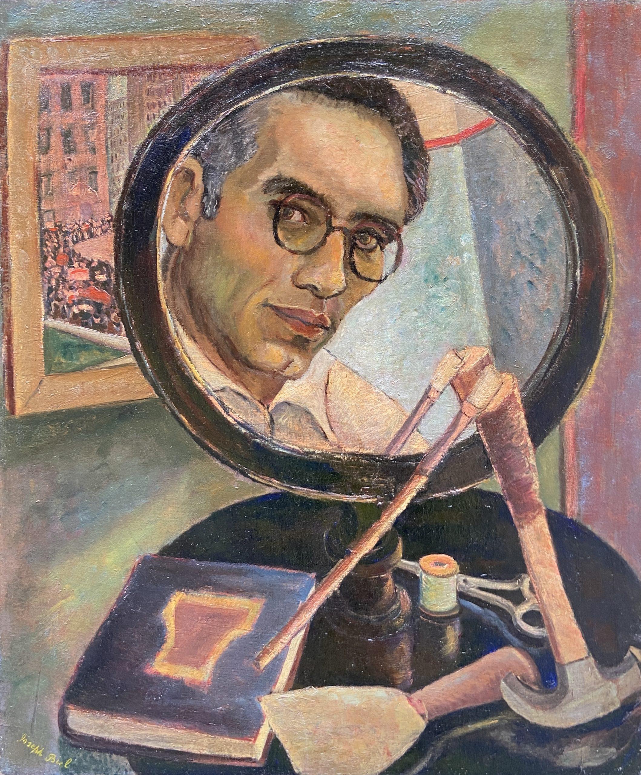 Joseph Biel Portrait Painting - Self Portrait in a Mirror with Artist's Tools, Oil on canvas, Signed, Polish