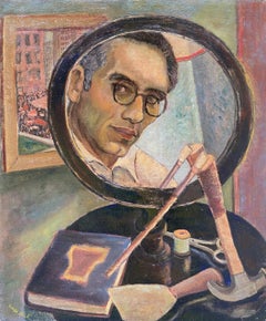 Vintage Self Portrait in a Mirror with Artist's Tools, Oil on canvas, Signed, Polish