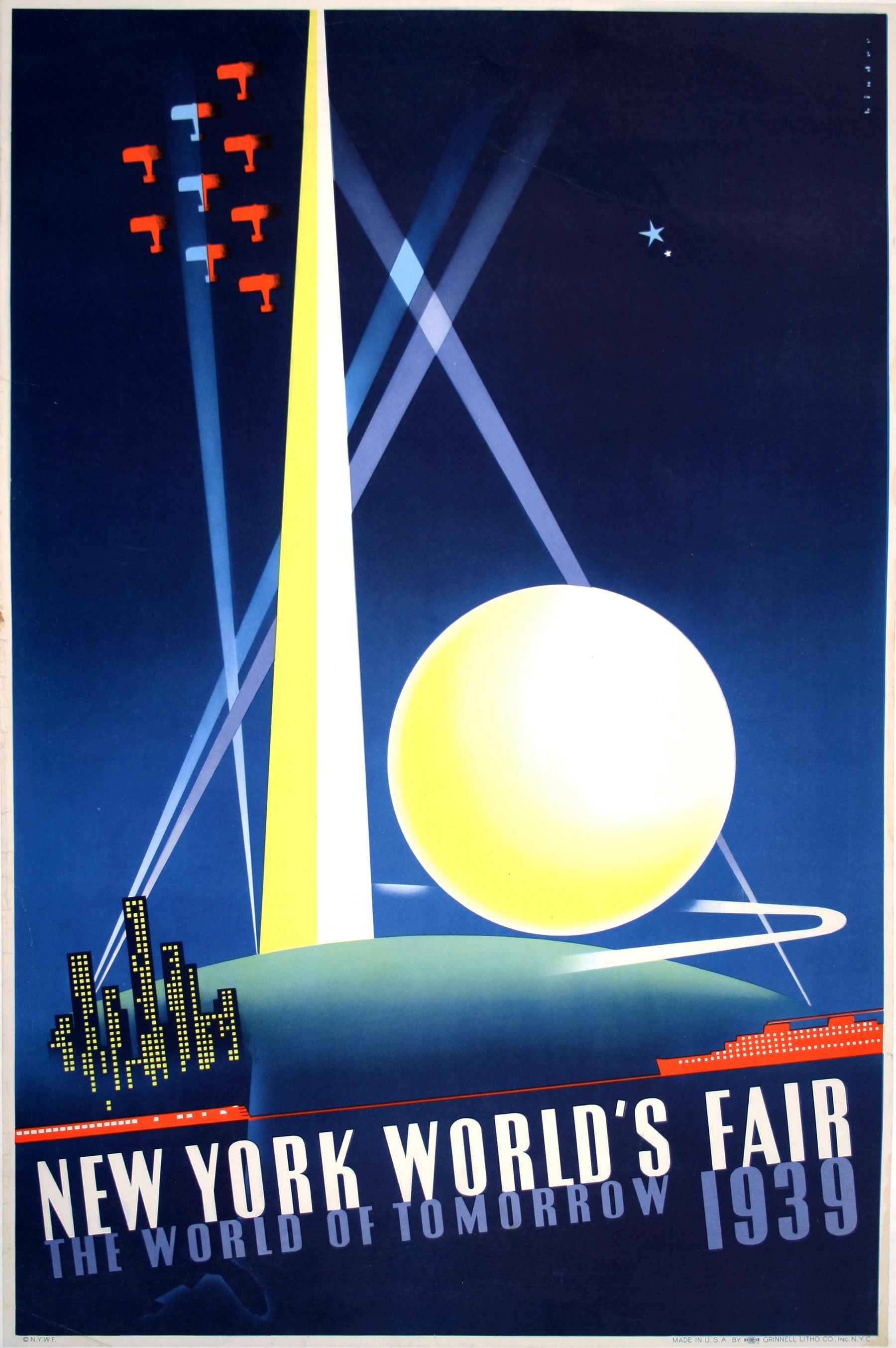 This poster, by Joseph Binder for the 1939 World’s Fair Poster features in the centermost portion of the image, the Trylon and the Persisphere, symbols of the World's Fair along with skyscrapers, airplanes flying in formation, and search lights. The