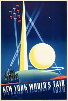 Affiche publicitaire originale de voyage vintage de l'Exposition universelle de New York, Binder Art déco