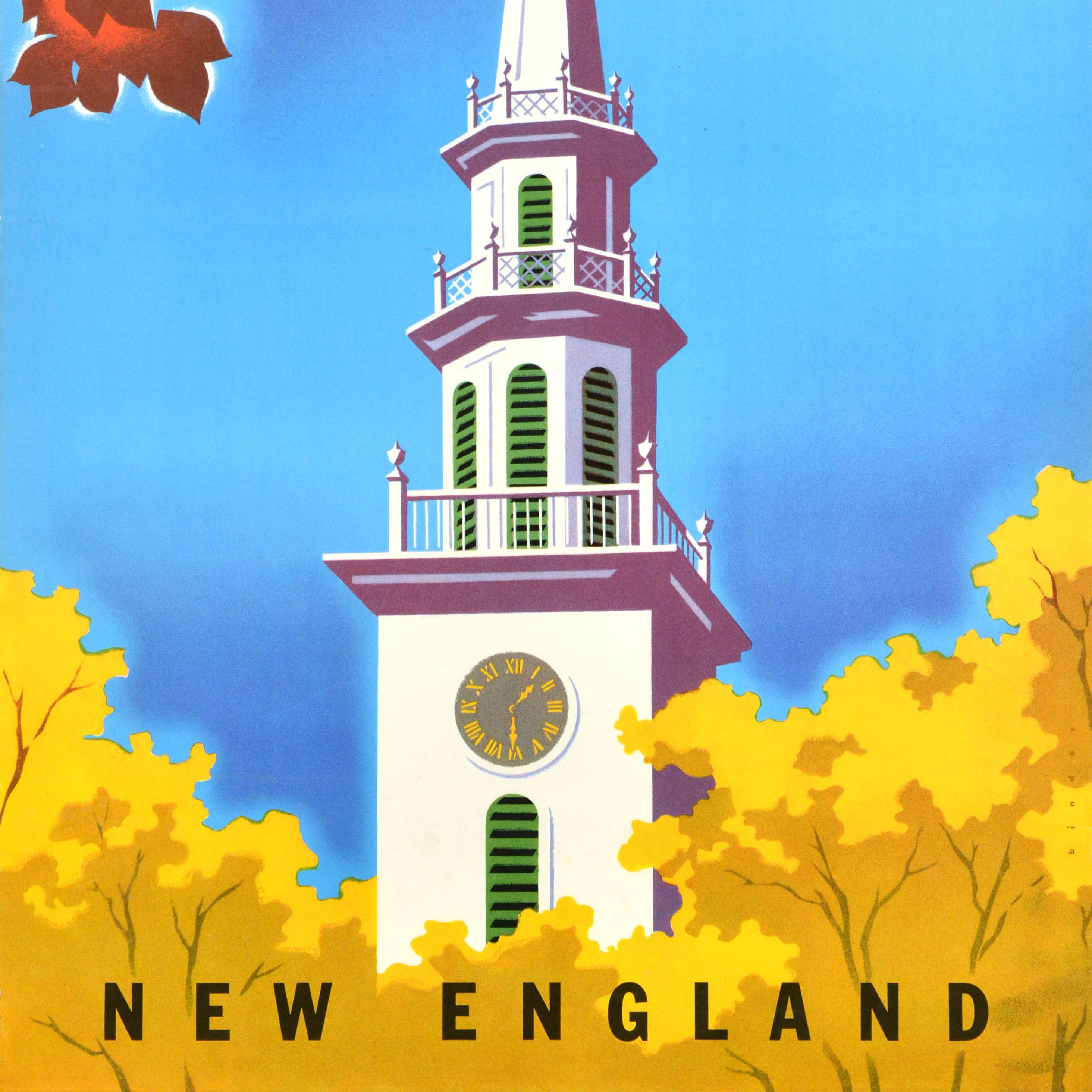 Original vintage travel advertising poster for United Air Lines New England featuring artwork by the Austrian-born graphic designer Joseph Binder (1898-1972) depicting a plane flying behind a clock tower framed by trees with autumn brown and yellow