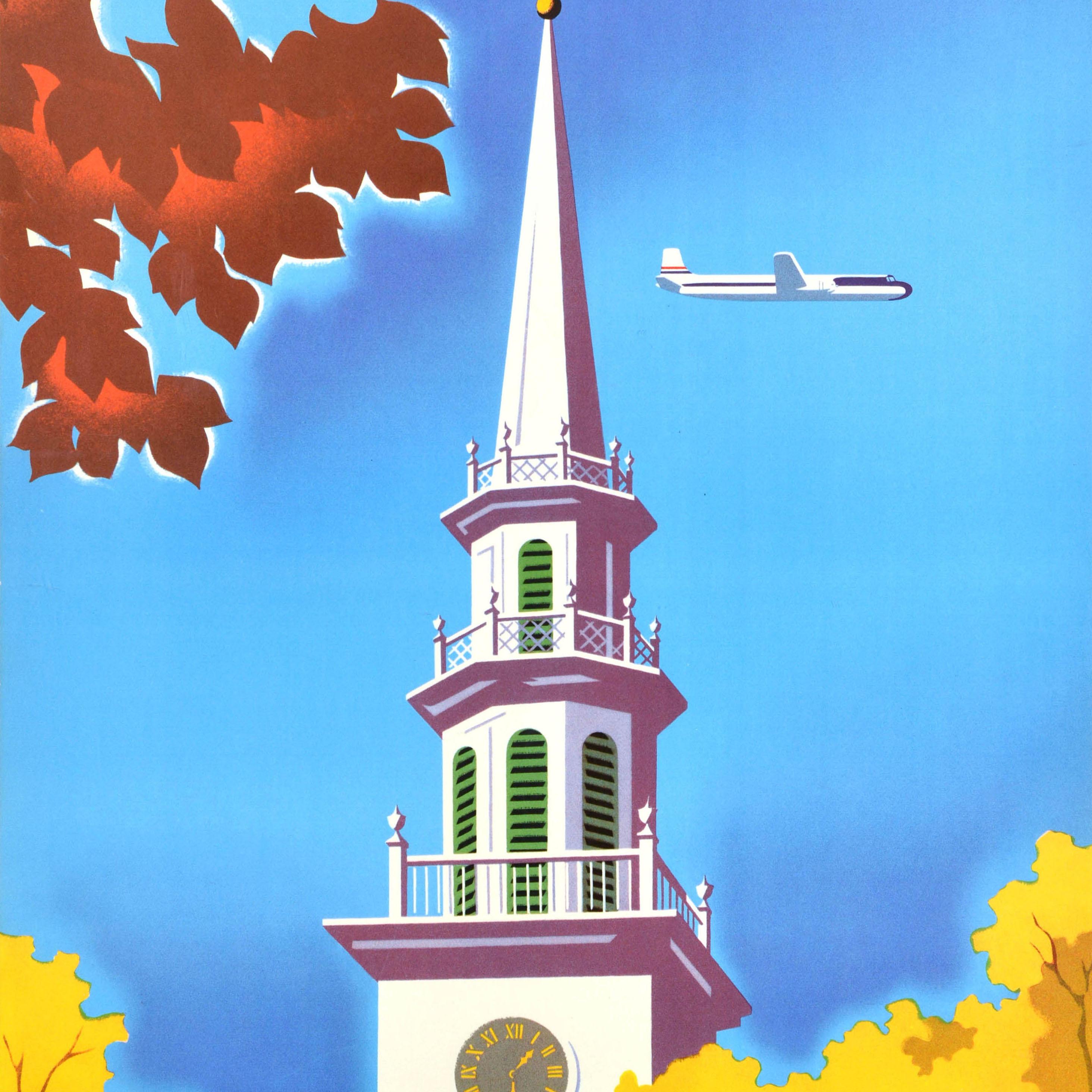 Affiche publicitaire originale pour United Air Lines New England, réalisée par le graphiste autrichien Joseph Binder (1898-1972), représentant un avion volant derrière une tour d'horloge encadrée par des arbres aux feuilles automnales brunes et